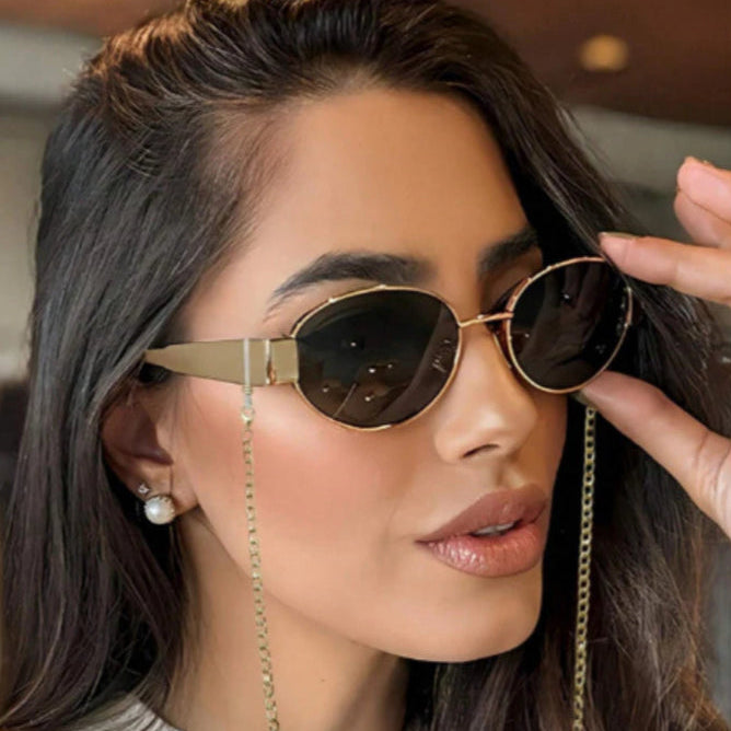 Óculos de Sol Feminino Vintage – Lente Oval, Armação de Metal e Proteção UV400