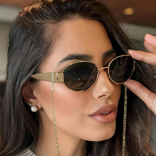 Óculos de Sol Feminino Vintage – Lente Oval, Armação de Metal e Proteção UV400